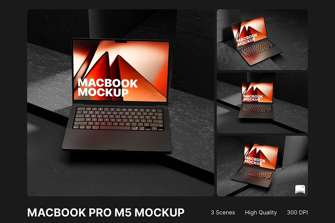 3款工业风网站ui作品集设计苹果MacBook Pro M5电脑贴图psd样机模板 MacBook Pro M5 Mockup特色图 3款工业风网站ui作品集设计苹果MacBook Pro M5电脑贴图psd样机模板 MacBook Pro M5 Mockup