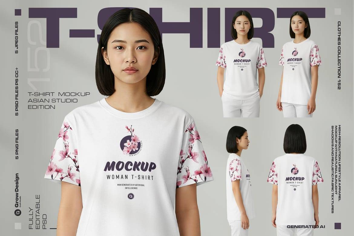 5款亚洲模特女性T恤半袖图案印花设计展示效果图psd样机模板 Mockup Woman T-Shirt Set – Asian Model Studio Edition. Generated Ai特色图 5款亚洲模特女性T恤半袖图案印花设计展示效果图psd样机模板 Mockup Woman T-Shirt Set – Asian Model Studio Edition. Generated Ai