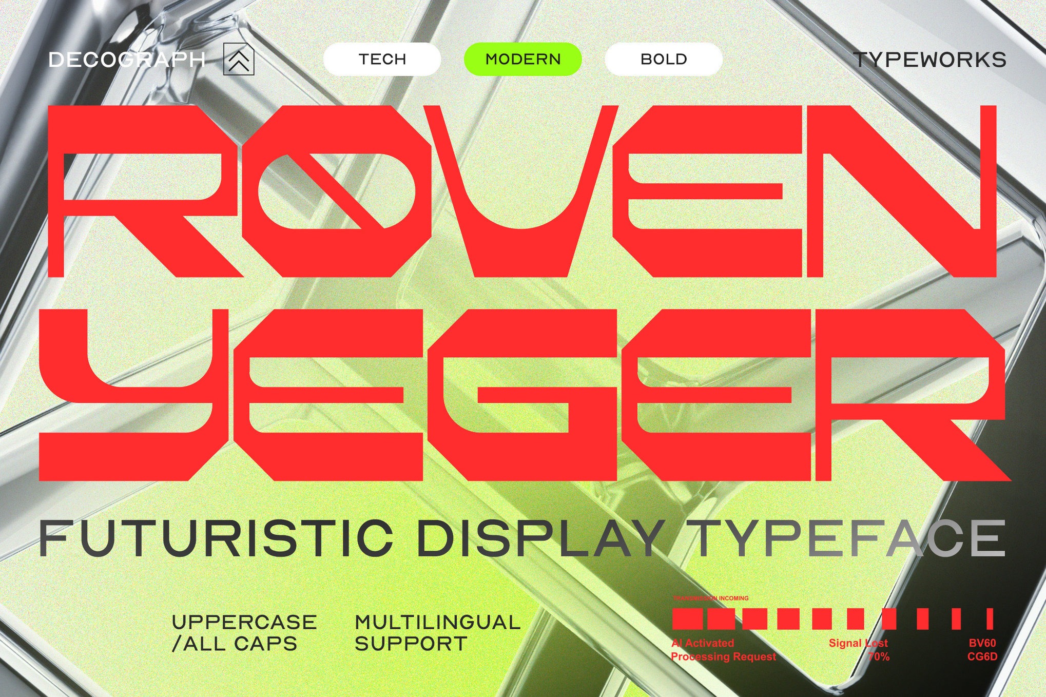 未来科幻几何状科技品牌海报用户界面设计装饰英文字体安装包 Roven Yeger – Futuristic Tech Display Font特色图 未来科幻几何状科技品牌海报用户界面设计装饰英文字体安装包 Roven Yeger – Futuristic Tech Display Font