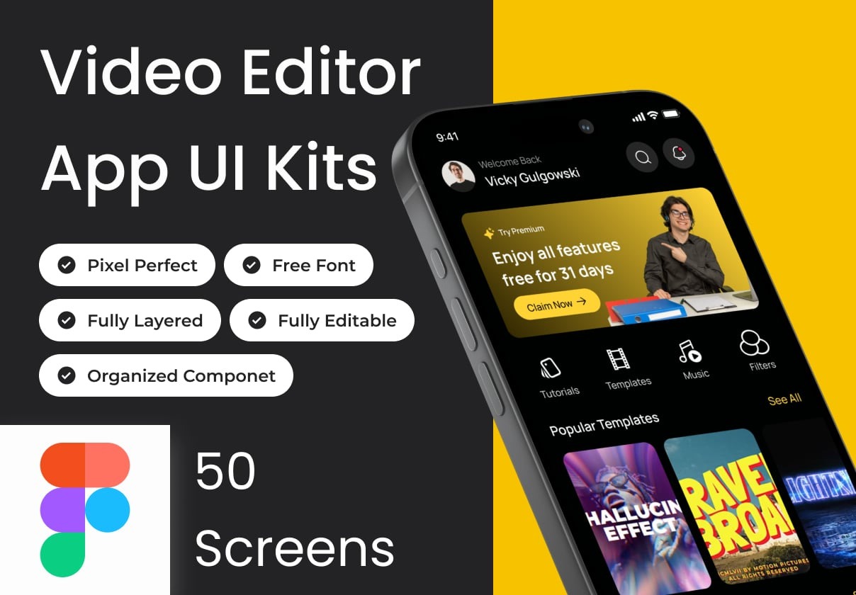 50屏暗黑短视频多媒体剪辑编剧应用程序app ui界面设计figma模板套件 QuickCut – Video Editor App Ui Kits特色图 50屏暗黑短视频多媒体剪辑编剧应用程序app ui界面设计figma模板套件 QuickCut – Video Editor App Ui Kits