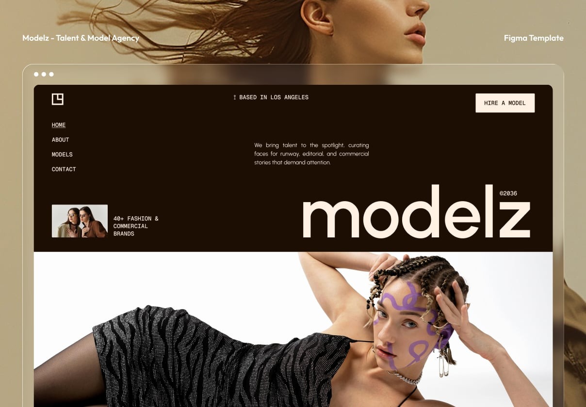 5屏时尚职业模特人才管理经纪人公司网站用户ui界面设计figma模板 Modelz – Talent & Model Agency Website UI Figma Template特色图 5屏时尚职业模特人才管理经纪人公司网站用户ui界面设计figma模板 Modelz – Talent & Model Agency Website UI Figma Template