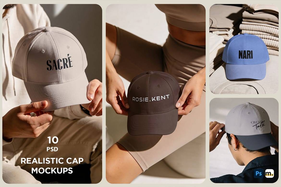 10款高级棒球帽遮阳帽旅行帽logo印花图案设计ps贴图样机模板 Aesthetic cap mockups特色图 10款高级棒球帽遮阳帽旅行帽logo印花图案设计ps贴图样机模板 Aesthetic cap mockups