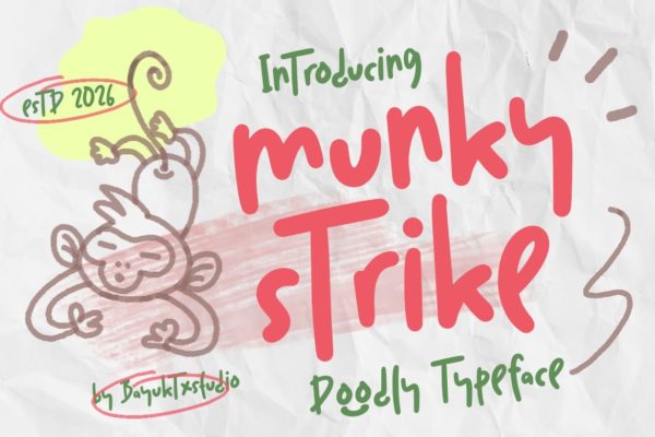 俏皮趣味手绘涂鸦品牌海报包装设计手写英文字体安装包 Munky Strike – Doodly Typeface Font特色图 俏皮趣味手绘涂鸦品牌海报包装设计手写英文字体安装包 Munky Strike – Doodly Typeface Font