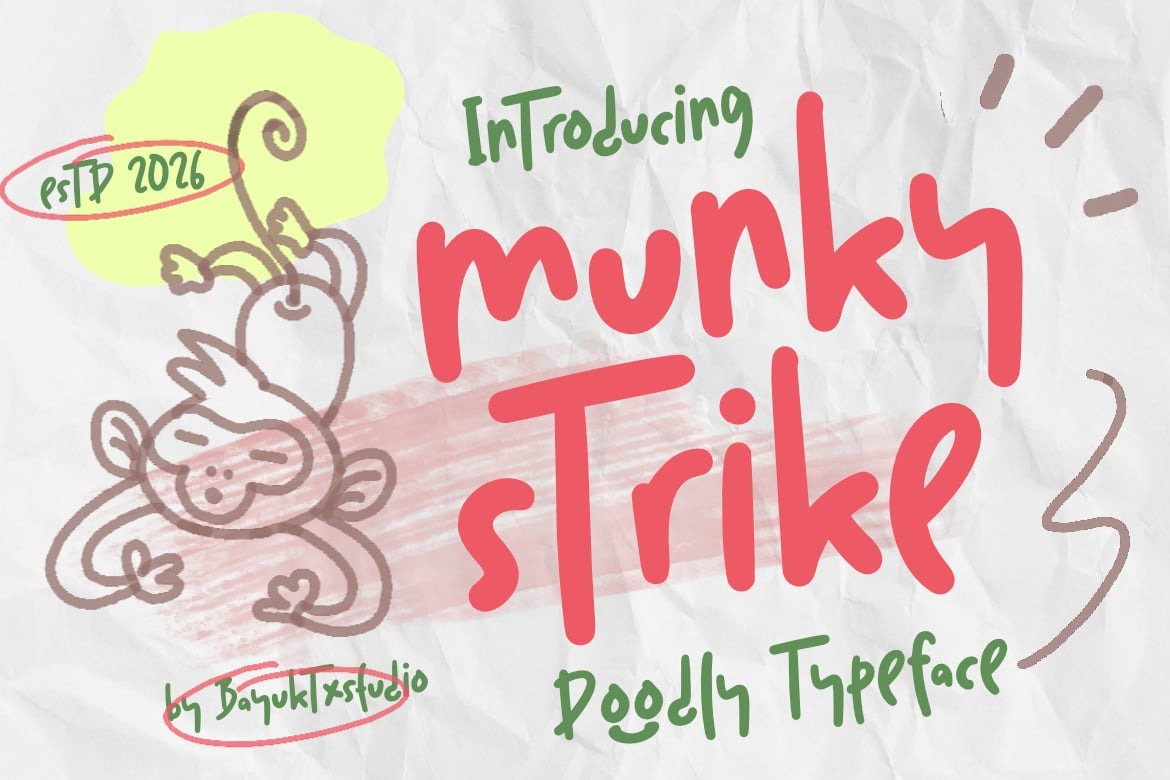 俏皮趣味手绘涂鸦品牌海报包装设计手写英文字体安装包 Munky Strike – Doodly Typeface Font特色图 俏皮趣味手绘涂鸦品牌海报包装设计手写英文字体安装包 Munky Strike – Doodly Typeface Font