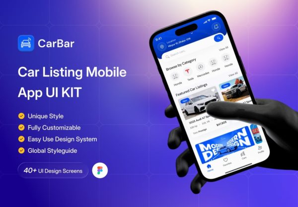 40+屏汽车资讯在线购买查询app应用程序ui界面设计figma模板套件 CarBar – Car Listing Mobile App UI Kit特色图 40+屏汽车资讯在线购买查询app应用程序ui界面设计figma模板套件 CarBar – Car Listing Mobile App UI Kit