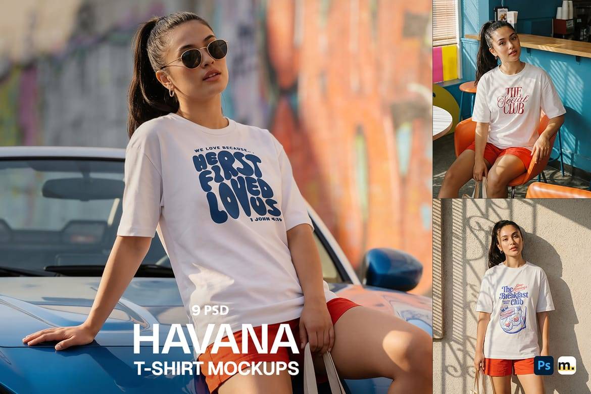 9款时尚国外模特女士半袖T恤logo印花设计展示效果图psd样机模板 Havana T-Shirt Mockups特色图 9款时尚国外模特女士半袖T恤logo印花设计展示效果图psd样机模板 Havana T-Shirt Mockups