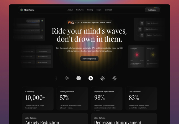 响应式暗黑心里健康治疗咨询用户视觉ui界面设计framer模板 MindWave — Mental Health SaaS Template特色图 响应式暗黑心里健康治疗咨询用户视觉ui界面设计framer模板 MindWave — Mental Health SaaS Template