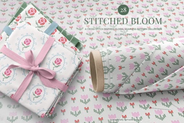 28组现代小清新针织几何花卉图案无缝拼接图案纹样矢量素材 Stitched Floral Seamless Pattern Collection