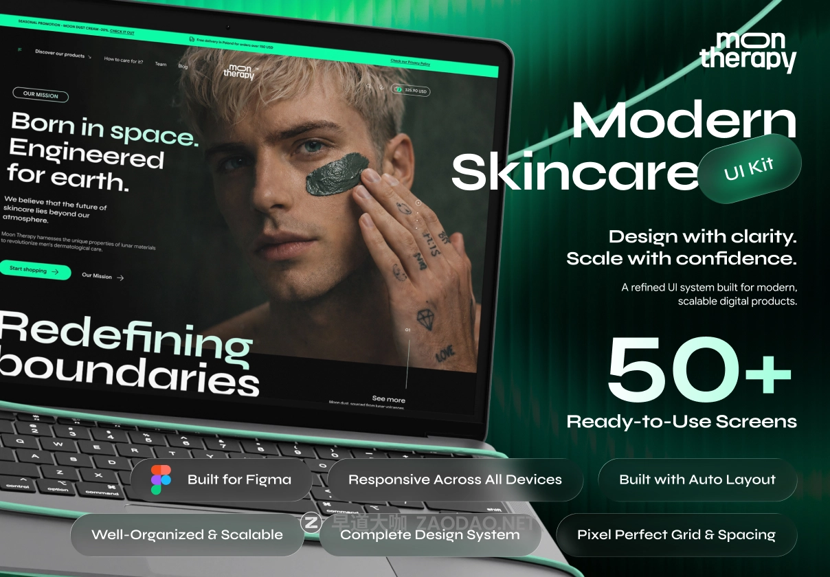 50+屏响应式暗黑美容护肤SPA理疗网站ui界面设计figma模板套件 Moon – Modern Skincare UI Kit插图 50+屏响应式暗黑美容护肤SPA理疗网站ui界面设计figma模板套件 Moon – Modern Skincare UI Kit插图