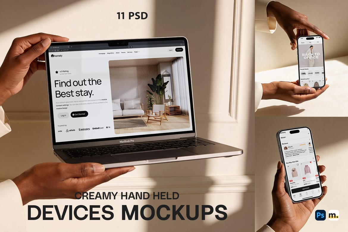 11款逼真手持iPhone手机iPad平板MacBook电脑ui作品集贴图psd样机模板 Hand Held Creamy Devices Mockups特色图 11款逼真手持iPhone手机iPad平板MacBook电脑ui作品集贴图psd样机模板 Hand Held Creamy Devices Mockups