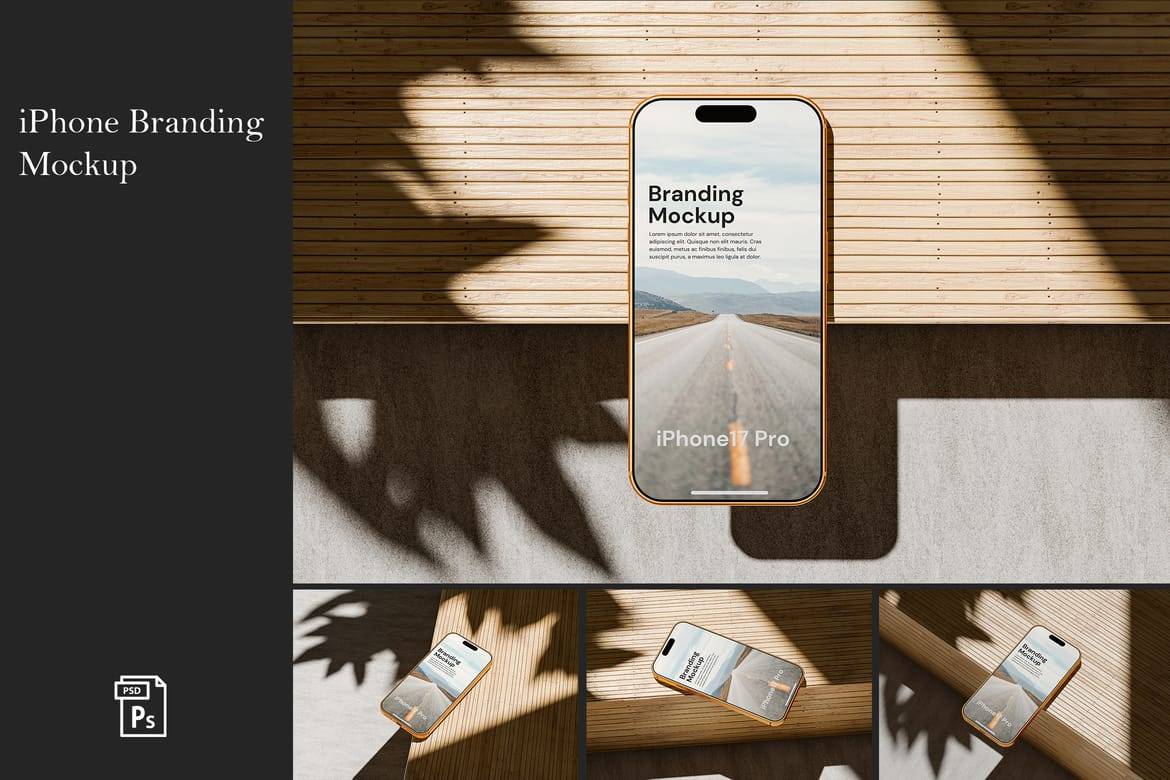 4款真实木质背景ui界面作品集贴图苹果iPhone 17手机psd样机模板 Realistic iPhone Branding Mockup特色图 4款真实木质背景ui界面作品集贴图苹果iPhone 17手机psd样机模板 Realistic iPhone Branding Mockup