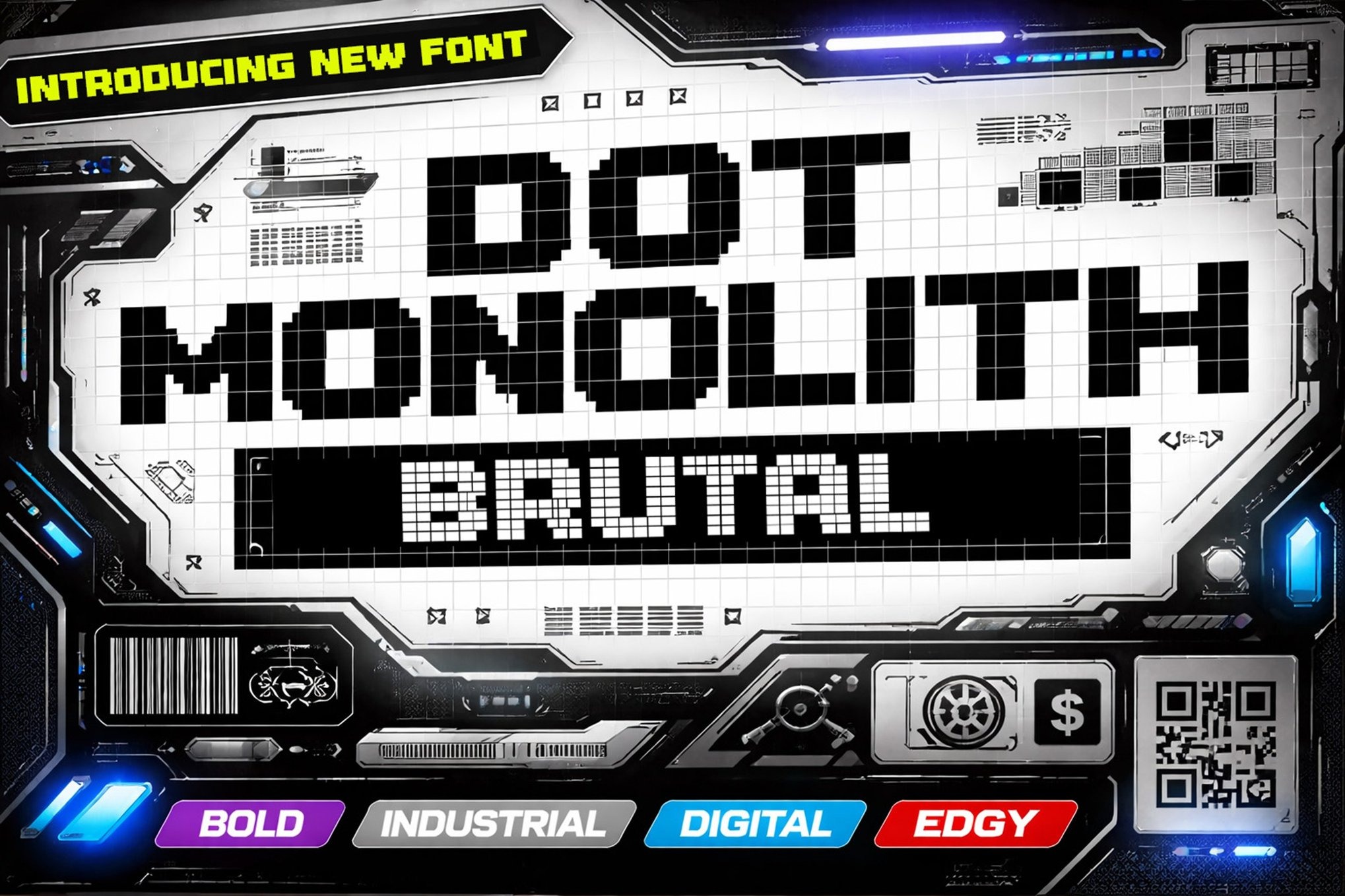 未来像素化赛博朋克海报用户界面游戏设计装饰英文字体安装包 Dot Monolith Brutal特色图 未来像素化赛博朋克海报用户界面游戏设计装饰英文字体安装包 Dot Monolith Brutal