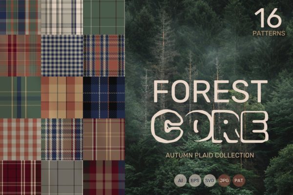 16款复古森林系格纹无缝拼接图案布料矢量背景素材 Forestcore 16 Plaid & Tartan Patterns