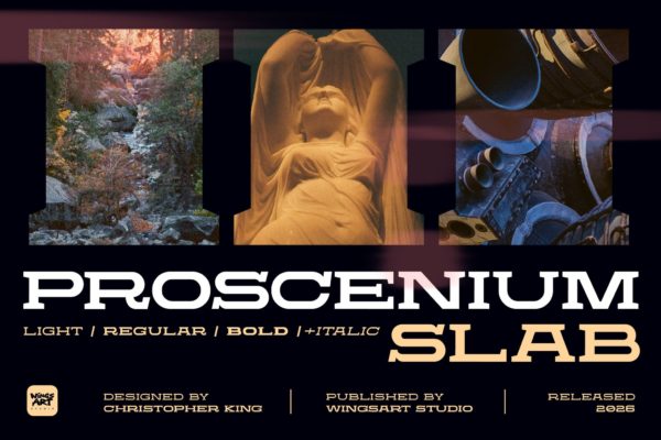 时尚科幻杂志海报电影设计粗体衬线英文字体安装包  Proscenium Slab – An Ultra-Wide Title Font