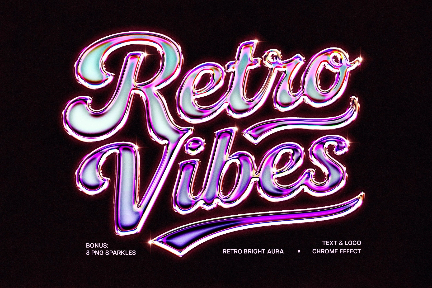 潮流y2k复古金属镀铬粉紫色3D立体logo标题字体设计ps特效样机 Retro Bright Aura Chrome Effect