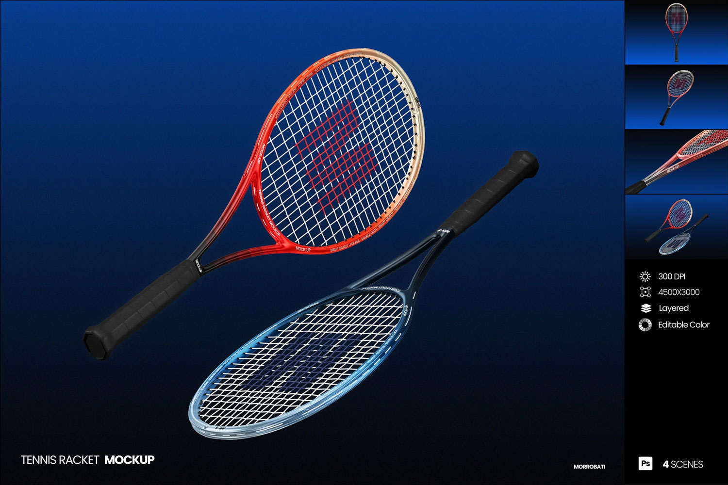 4款体育运动品牌vi设计网球拍展示贴图psd样机模板 Tennis Racket Mockup特色图 4款体育运动品牌vi设计网球拍展示贴图psd样机模板 Tennis Racket Mockup