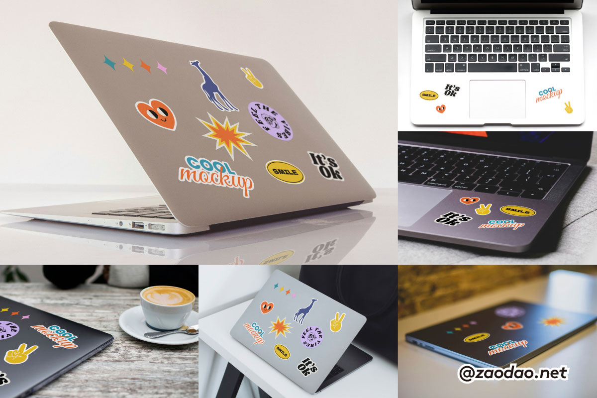 12款卡通贴纸彩贴设计苹果MacBook笔记本电脑展示贴图psd样机模板 Laptop with Stickers Creation Mockups特色图 12款卡通贴纸彩贴设计苹果MacBook笔记本电脑展示贴图psd样机模板 Laptop with Stickers Creation Mockups