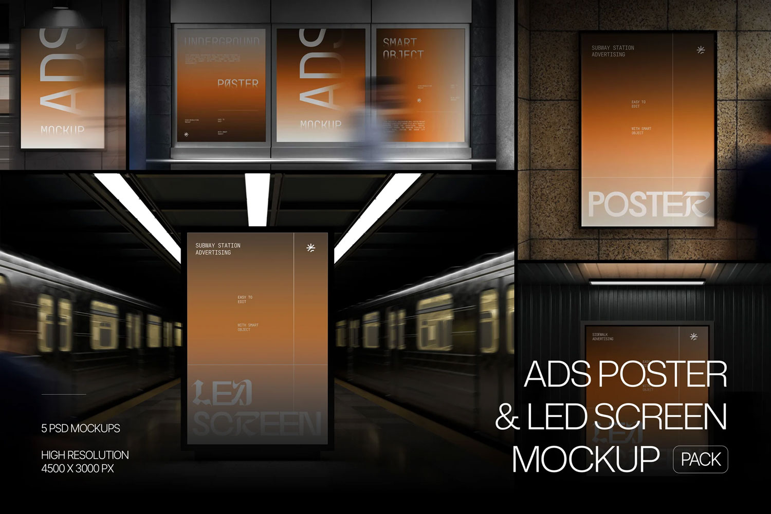 5款城市地铁站广告牌海报LED电子屏画面设计贴图psd样机模板 Ads Poster & LED Screen Mockup Pack特色图 5款城市地铁站广告牌海报LED电子屏画面设计贴图psd样机模板 Ads Poster & LED Screen Mockup Pack