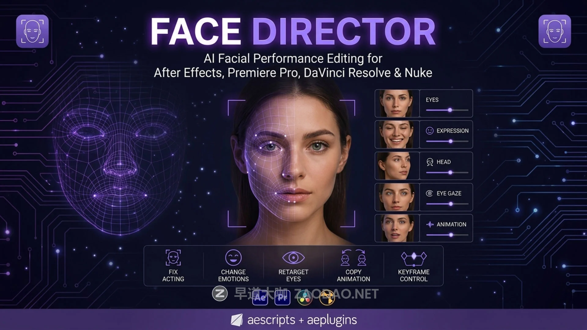 AE/PR/Nuke/达芬奇插件 AI智能人脸面部表情动画控制工具+中文字幕教程 Aescripts – Face Director v1.9.0 Win/Mac插图 AE/PR/Nuke/达芬奇插件 AI智能人脸面部表情动画控制工具+中文字幕教程 Aescripts – Face Director v1.9.0 Win/Mac插图
