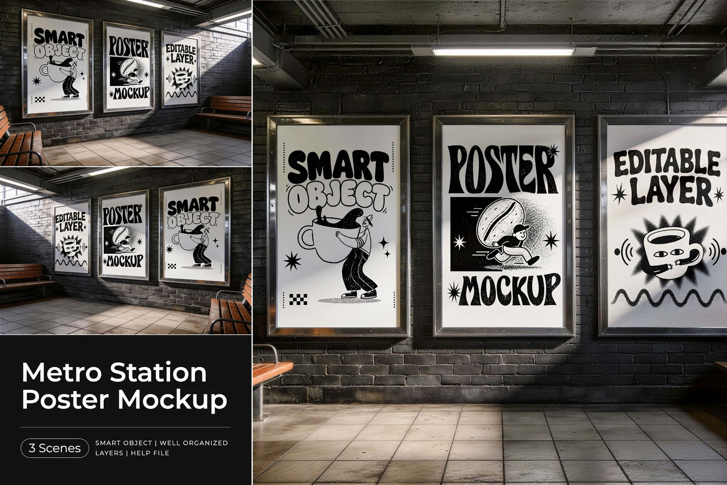 3个角度城市室内场景海报广告牌设计ps贴图效果图mockup样机模板 Metro Station Poster Mockup特色图 3个角度城市室内场景海报广告牌设计ps贴图效果图mockup样机模板 Metro Station Poster Mockup