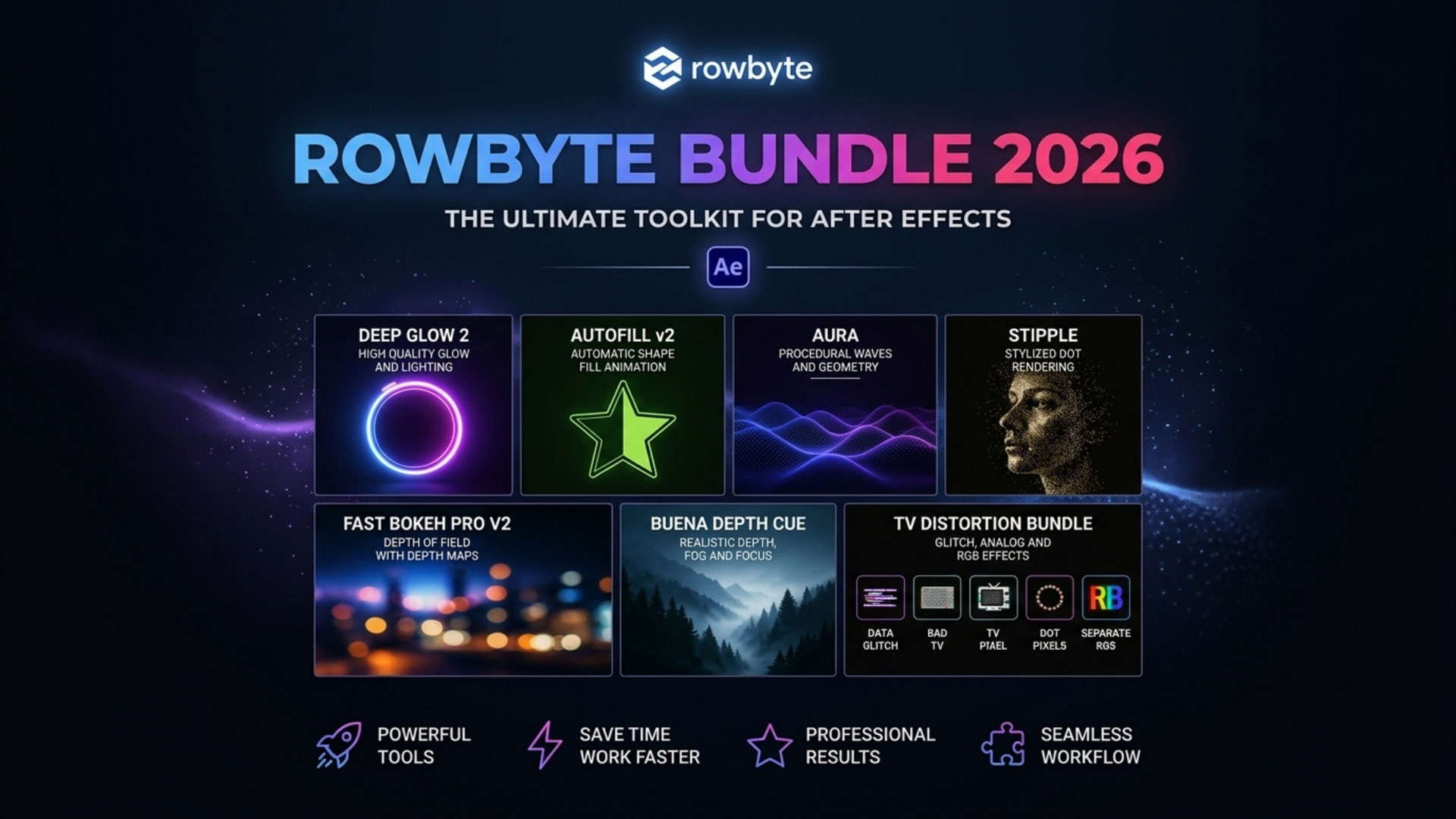 逼真3D立体粒子失真光环视频剪辑特效AE插件套装Win版本 Rowbyte Bundle 2026.04.29插图 逼真3D立体粒子失真光环视频剪辑特效AE插件套装Win版本 Rowbyte Bundle 2026.04.29插图