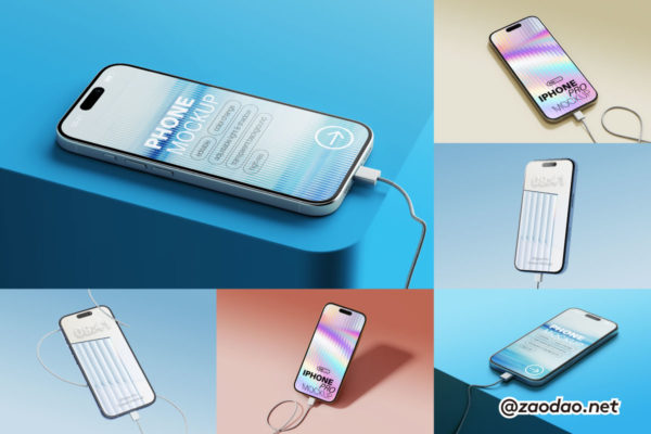 7款逼真ui广告作品集设计iPhone 17 Pro贴图psd样机模板mockup素材 iPhone Pro with Charging Cable Mockup Set特色图 7款逼真ui广告作品集设计iPhone 17 Pro贴图psd样机模板mockup素材 iPhone Pro with Charging Cable Mockup Set