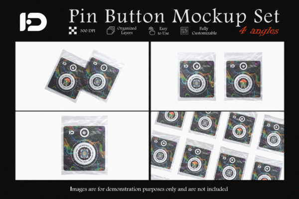 4款带塑料袋金属胸牌徽章胸针logo设计展示效果图psd样机模板 Pin Button Mockup Set
