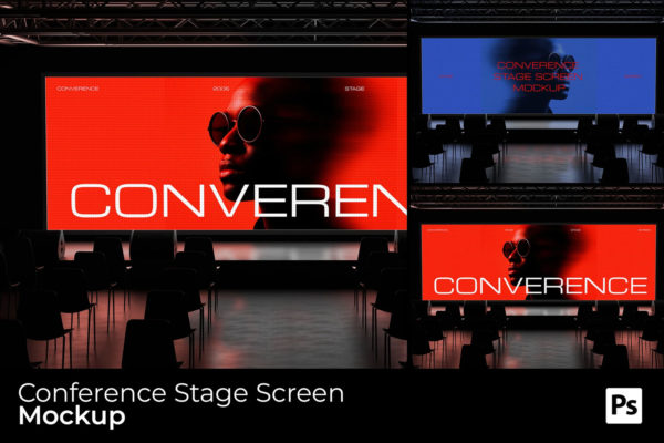 1款高端科技新闻发布会婚礼礼堂LED电子屏背景画面展示psd样机 Conference Stage Screen Mockup
