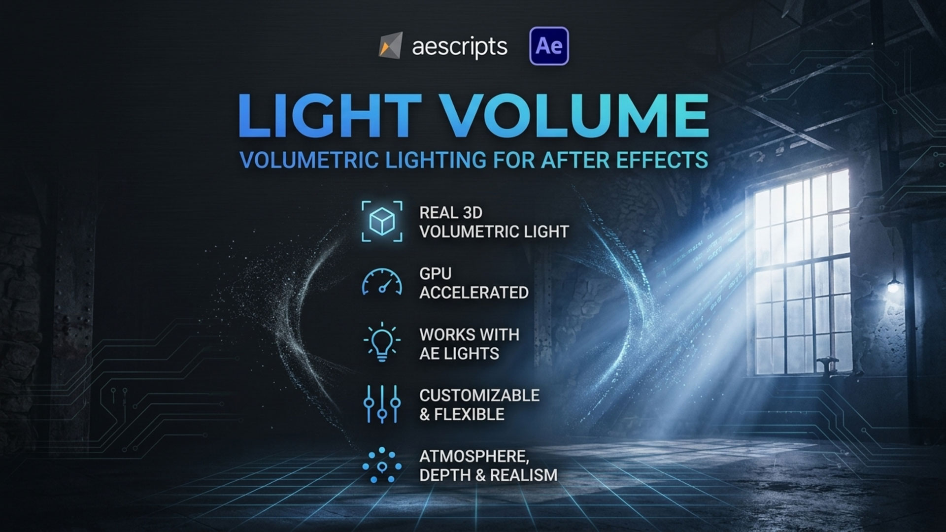 AE脚本 自定义三位摄像机体积光发光灯光控制工具 Aescripts – Light Volume v1.0特色图 AE脚本 自定义三位摄像机体积光发光灯光控制工具 Aescripts – Light Volume v1.0