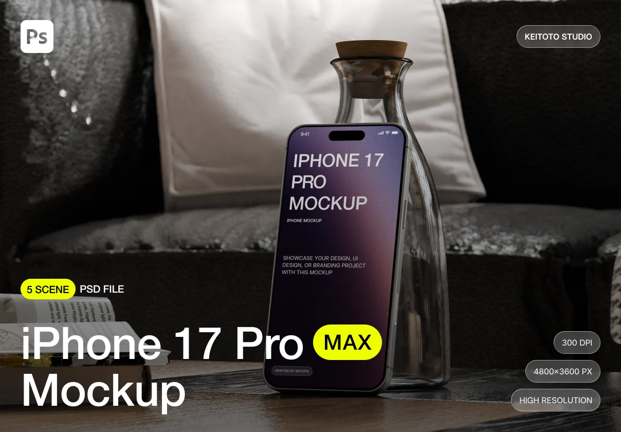 5款室内场景ui界面作品集设计苹果iPhone 17 Pro手机贴图psd样机模板 iPhone 17 Pro Max Mockup Timeless Interior Setup with Soft Shadows