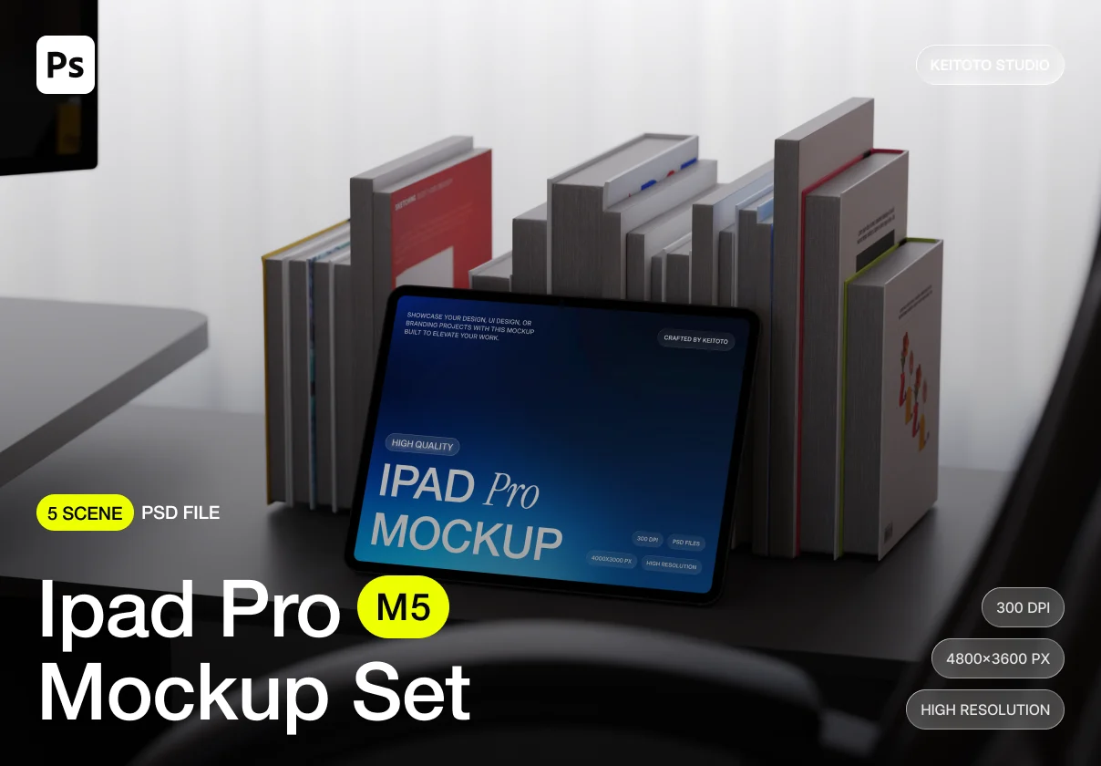 5款办公场景苹果iPad平板电脑ui/ux界面设计展示效果图psd样机模板 iPad Pro Mockup Structured Workspace Scene