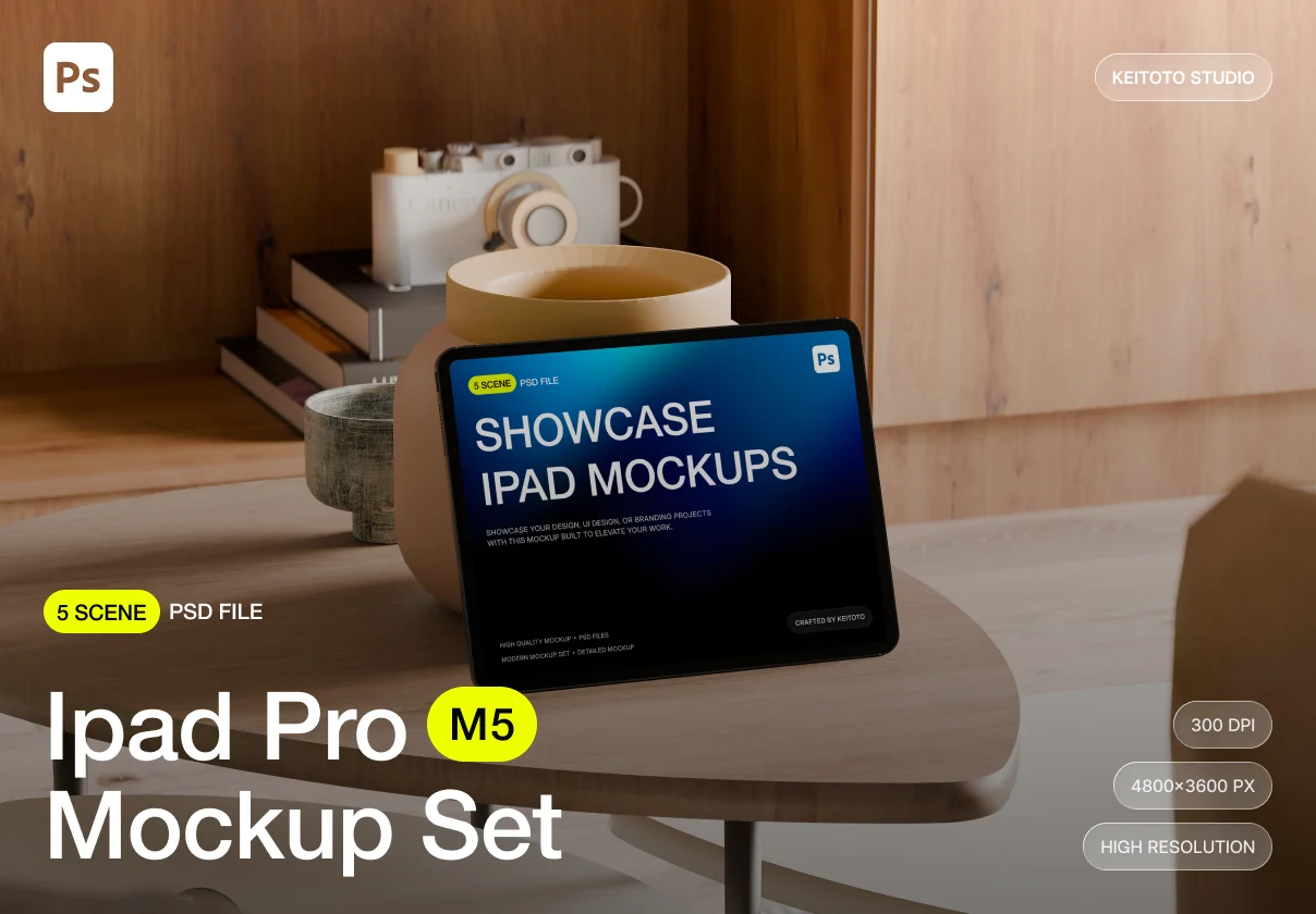5款现代室内场景ui/ux广告界面设计苹果iPad Pro贴图效果图psd样机模板 Stylish iPad Pro Mockup in Modern Interior Scene