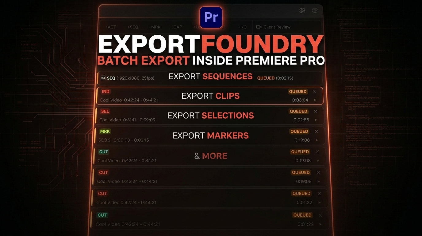 PR插件 批量自动化视频导出渲染工具 Aescripts – ExportFoundry v1.0.2特色图 PR插件 批量自动化视频导出渲染工具 Aescripts – ExportFoundry v1.0.2