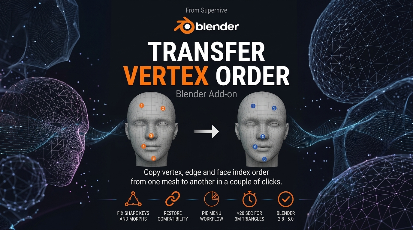 Blender插件 角色3D模型网格顶点顺序传递转移工具 Transfer Vertex Order v1.1.0 for Blender特色图 Blender插件 角色3D模型网格顶点顺序传递转移工具 Transfer Vertex Order v1.1.0 for Blender