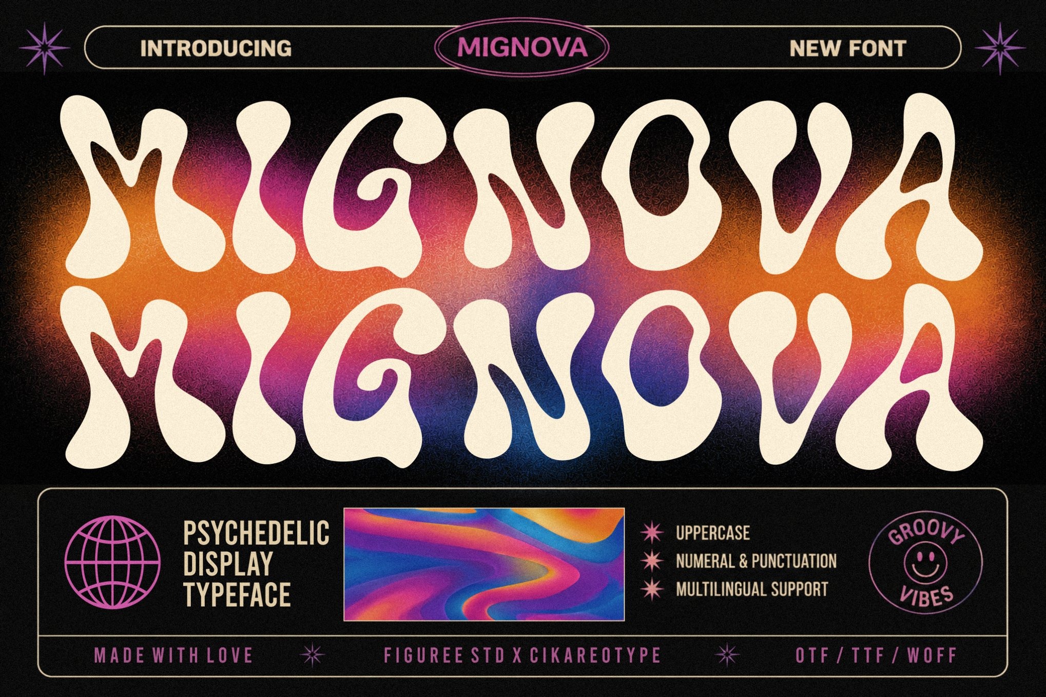 复古迷幻品牌海报封面标题设计装饰英文字体安装包 Mignova – Psychedelic Display Font特色图 复古迷幻品牌海报封面标题设计装饰英文字体安装包 Mignova – Psychedelic Display Font
