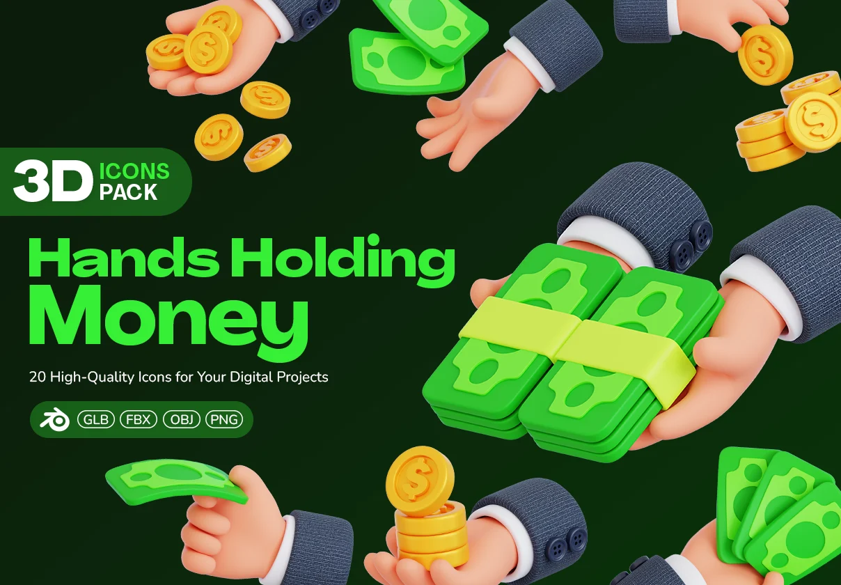 20款手持货币纸币3d金融科技插图图标icons设计blender/fbx/obj/png格式素材 Hands Holding Money ...