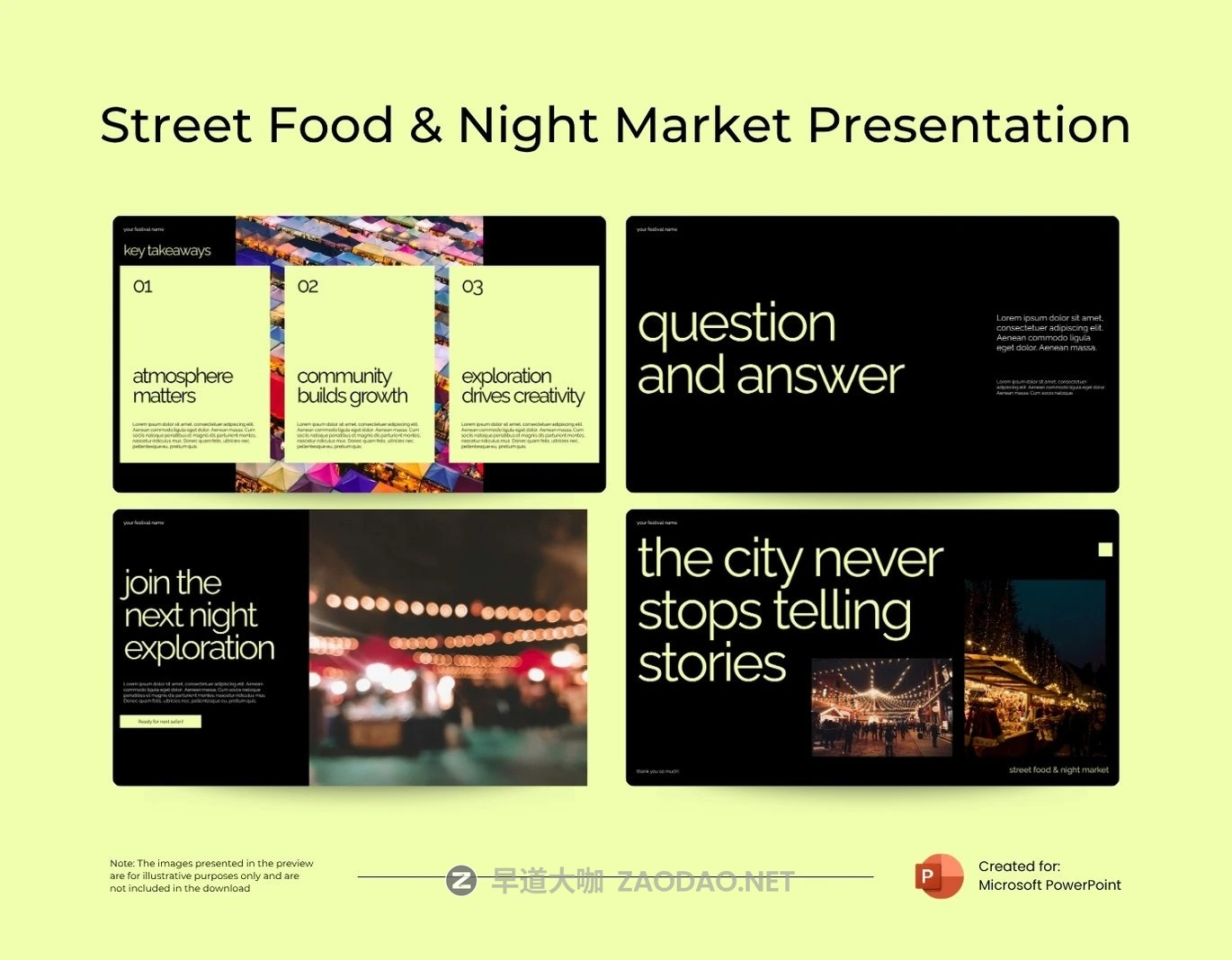 现代城市街头文化旅行美食品牌营销策划演示文稿设计ppt模版 Street Food & Night Market Powerpoint Template插图5 现代城市街头文化旅行美食品牌营销策划演示文稿设计ppt模版 Street Food & Night Market Powerpoint Template插图5