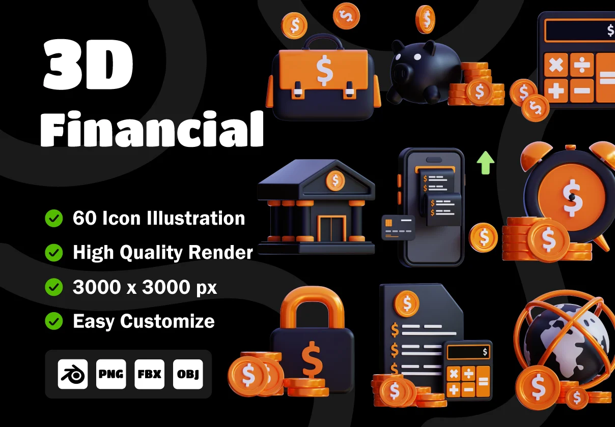 60款高级质感3D立体金融财务管理银行投资理财图标icons设计blender/obj/png格式素材 3D Financial Icon Pack