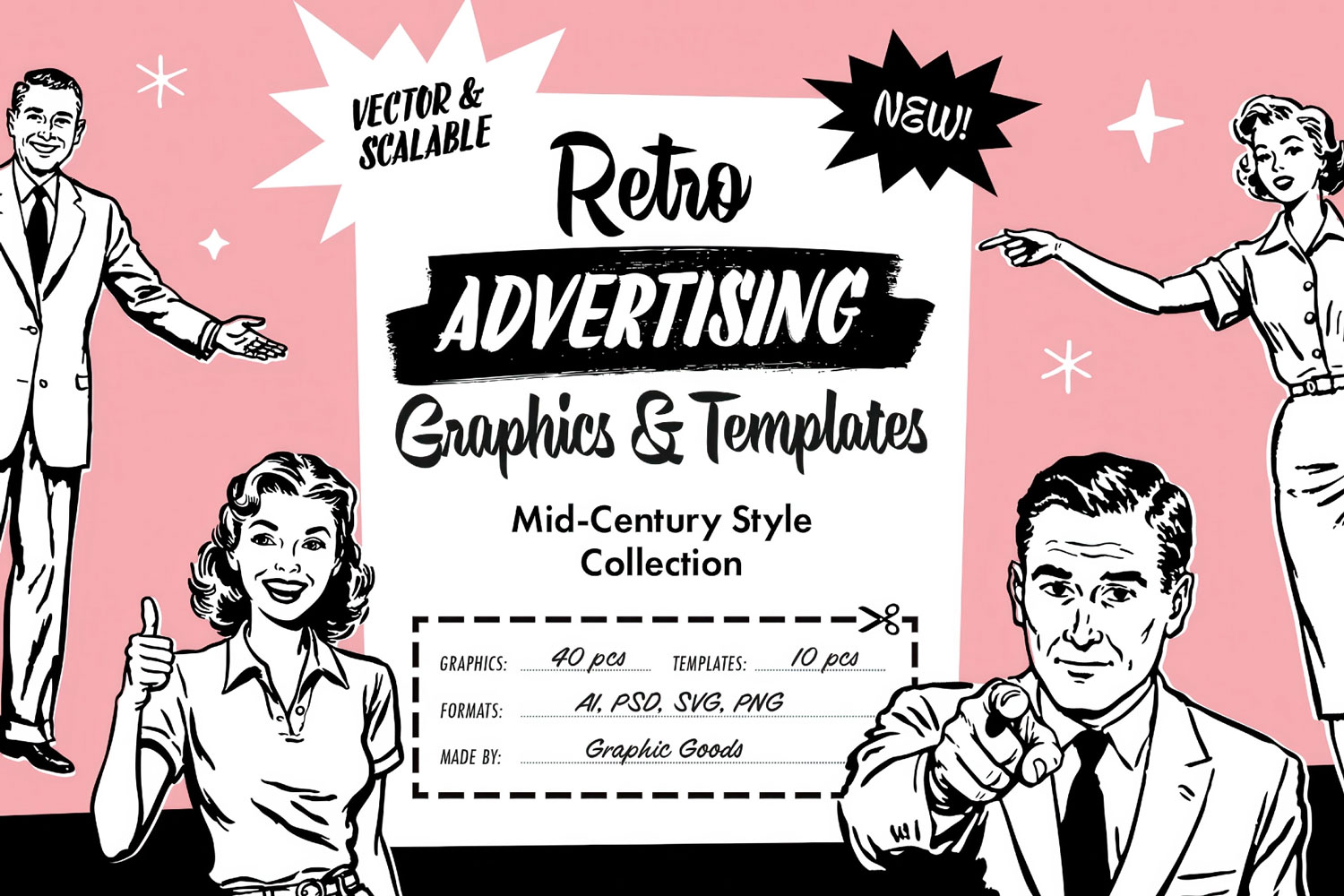 40款50年代复古人物广告海报手绘剪影插图插画AI矢量设计素材 Retro Ad Graphics & Templates特色图 40款50年代复古人物广告海报手绘剪影插图插画AI矢量设计素材 Retro Ad Graphics & Templates