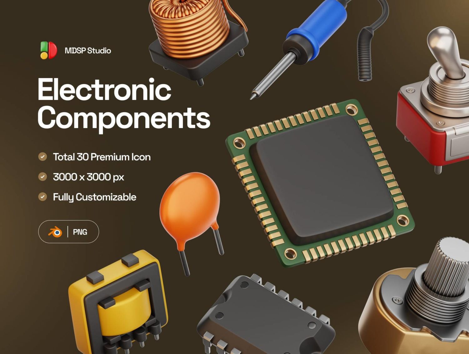 30款3D质感电子元件CPU开关图标Icons设计blender/png格式素材 Electronic Components 3D Icon Set特色图 30款3D质感电子元件CPU开关图标Icons设计blender/png格式素材 Electronic Components 3D Icon Set
