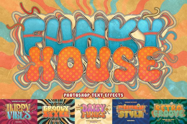 时尚复古半调摇滚堆叠扭曲logo标题字体设计ps特效样机 Funky Groovy Text Effects