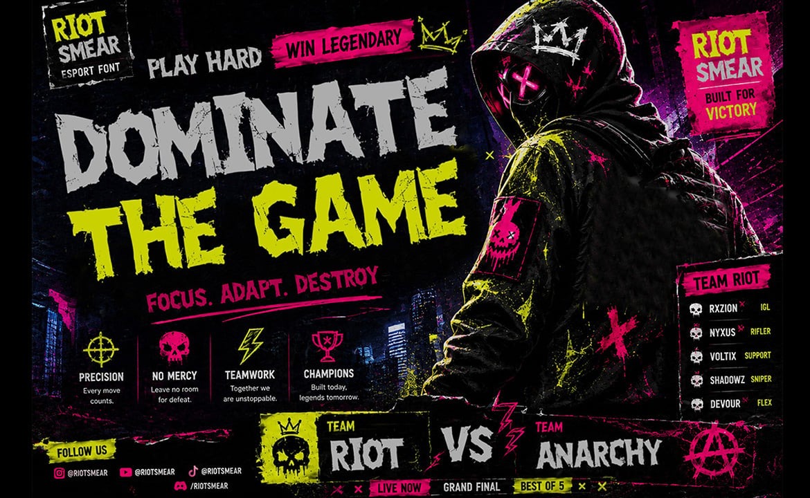 潮流前卫美学品牌海报电子竞技游戏设计装饰英文字体安装包 Riot Smear插图4 潮流前卫美学品牌海报电子竞技游戏设计装饰英文字体安装包 Riot Smear插图4