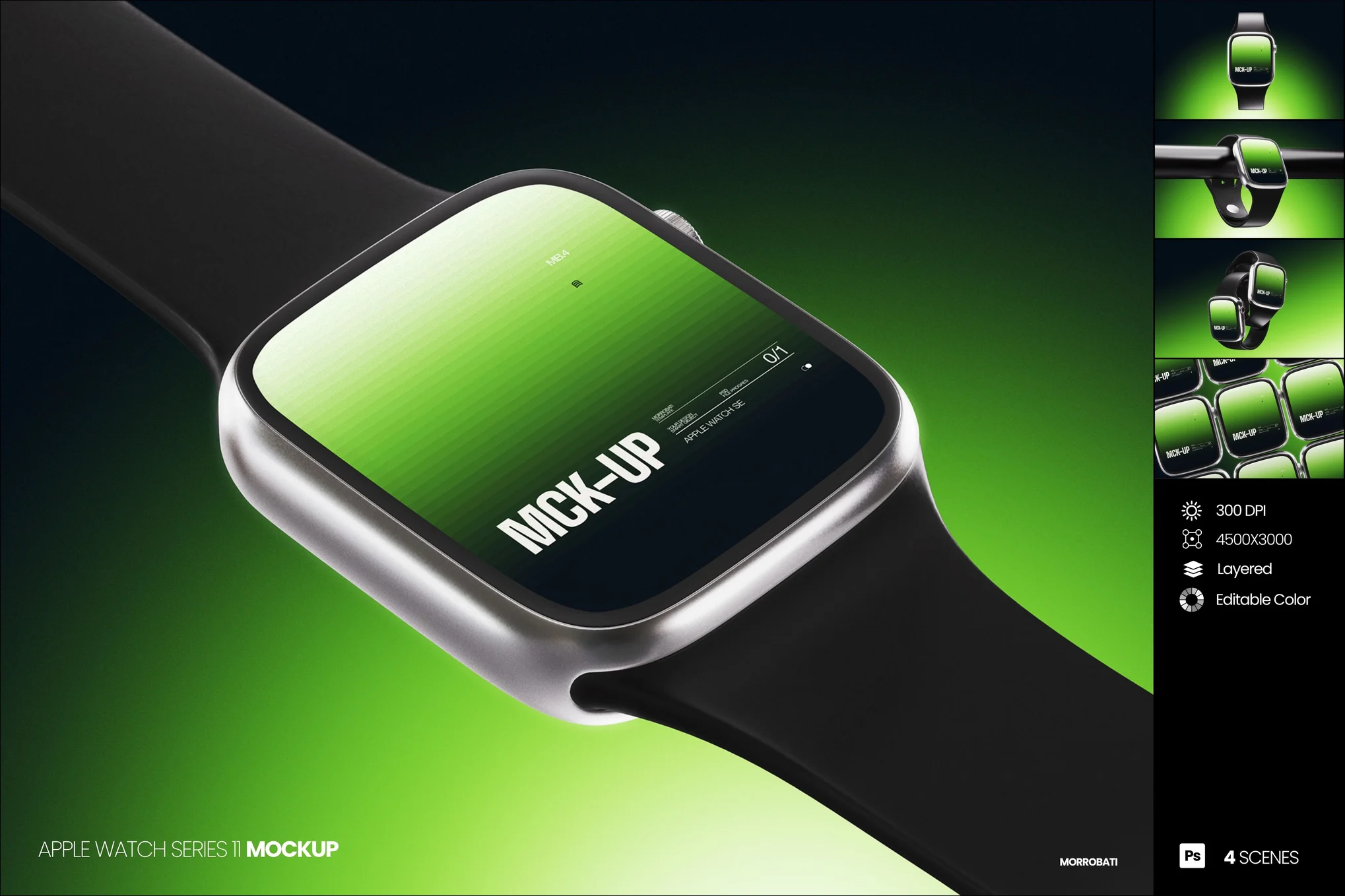 5款ui/ux界面作品集设计苹果iwathc智能手表贴图psd样机模板 Apple Watch Series 11 Mockup