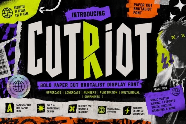 潮流前卫朋克风街头海报包装游戏设计装饰英文字体安装包 Cut Riot