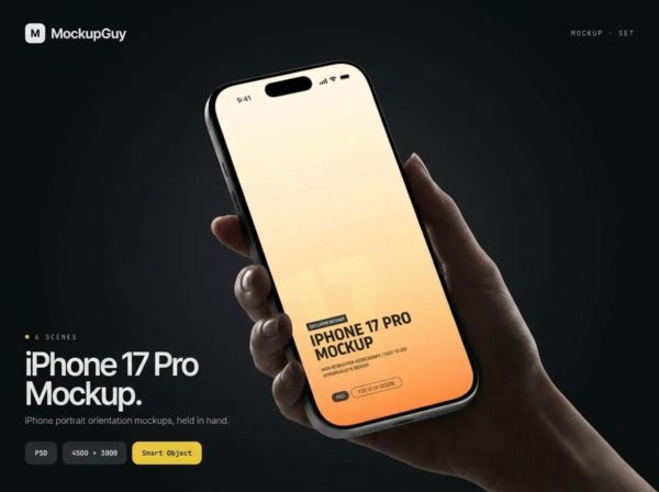 6款极简app界面设计苹果iPhone 17 Pro手机展示效果图psd样机模板 iPhone 17 Pro in Hand Mockup Set | Realistic 4K PSD