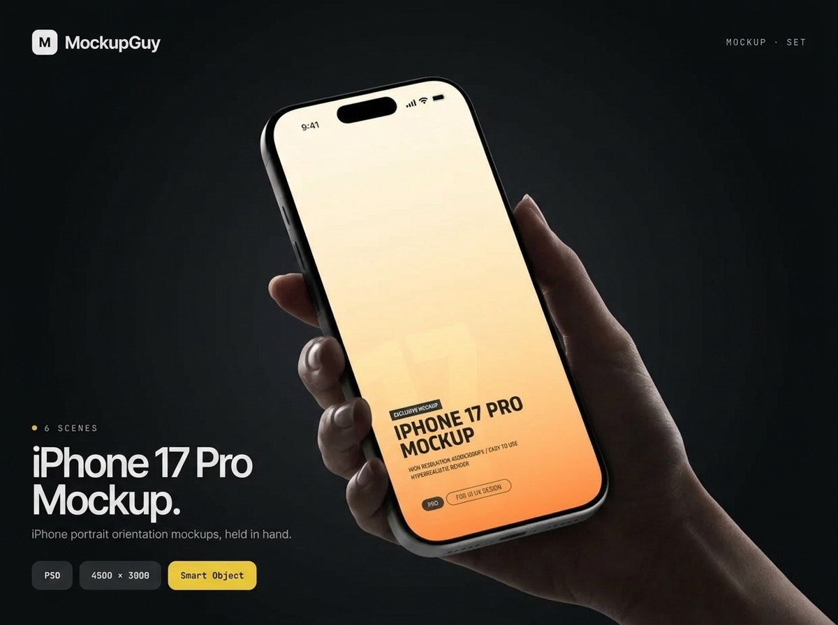 6款极简app界面设计苹果iPhone 17 Pro手机展示效果图psd样机模板 iPhone 17 Pro in Hand Mockup Set | Realistic 4K PSD特色图 6款极简app界面设计苹果iPhone 17 Pro手机展示效果图psd样机模板 iPhone 17 Pro in Hand Mockup Set | Realistic 4K PSD