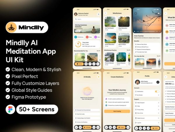 50+屏AI智能冥想睡眠解压心理健康平台app应用ui界面设计figma模板套件 Mindlly AI Meditation App UI Kit特色图 50+屏AI智能冥想睡眠解压心理健康平台app应用ui界面设计figma模板套件 Mindlly AI Meditation App UI Kit