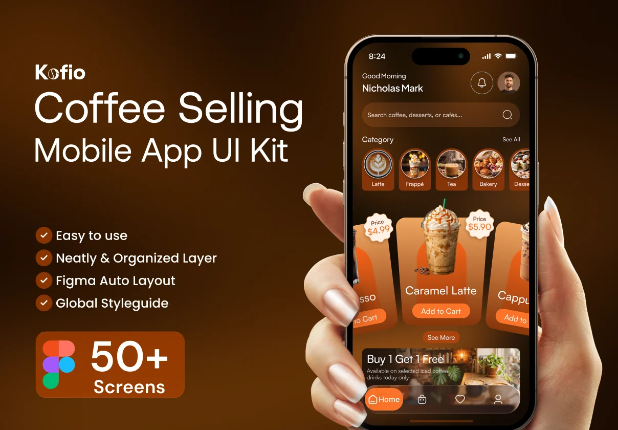 50+屏奶茶咖啡在线下单点餐预定app应用程序ui界面设计figma模板套件 Kofio- Coffee Selling Mobile App Figma UI Kit