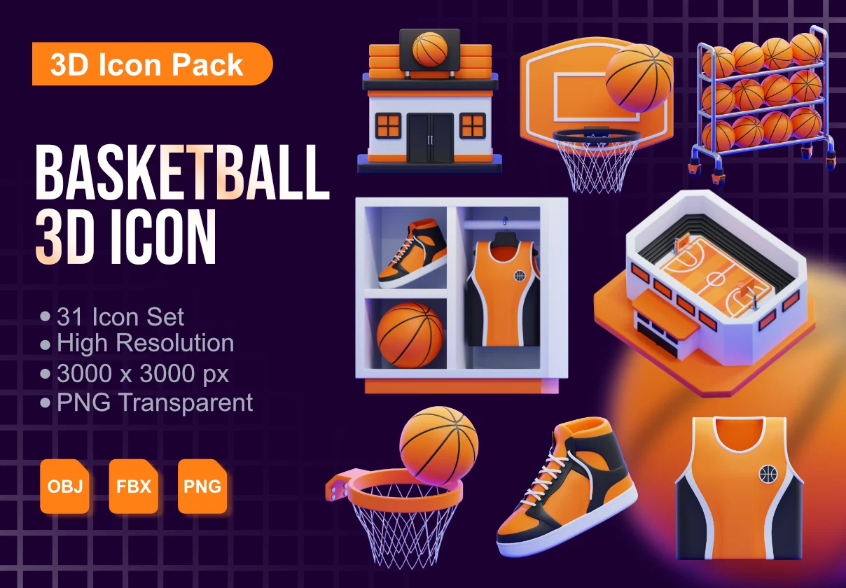 31款3D立体感篮球馆比赛装备插图图表icons设计fbx/obj/png格式素材 Basketball 3D Icons Packs