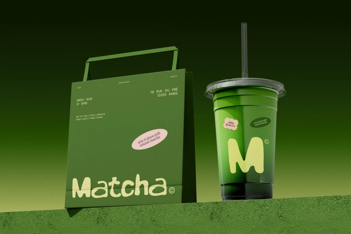 3款咖啡果茶奶茶品牌vi设计打包袋塑料杯展示效果图psd样机mockup模板 Matcha Branding Mockup插图3 3款咖啡果茶奶茶品牌vi设计打包袋塑料杯展示效果图psd样机mockup模板 Matcha Branding Mockup插图3